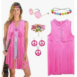 Pink HIPPIE Outfit Lg Fringe Vest Headband Peace necklace & Earrings Sunglasses